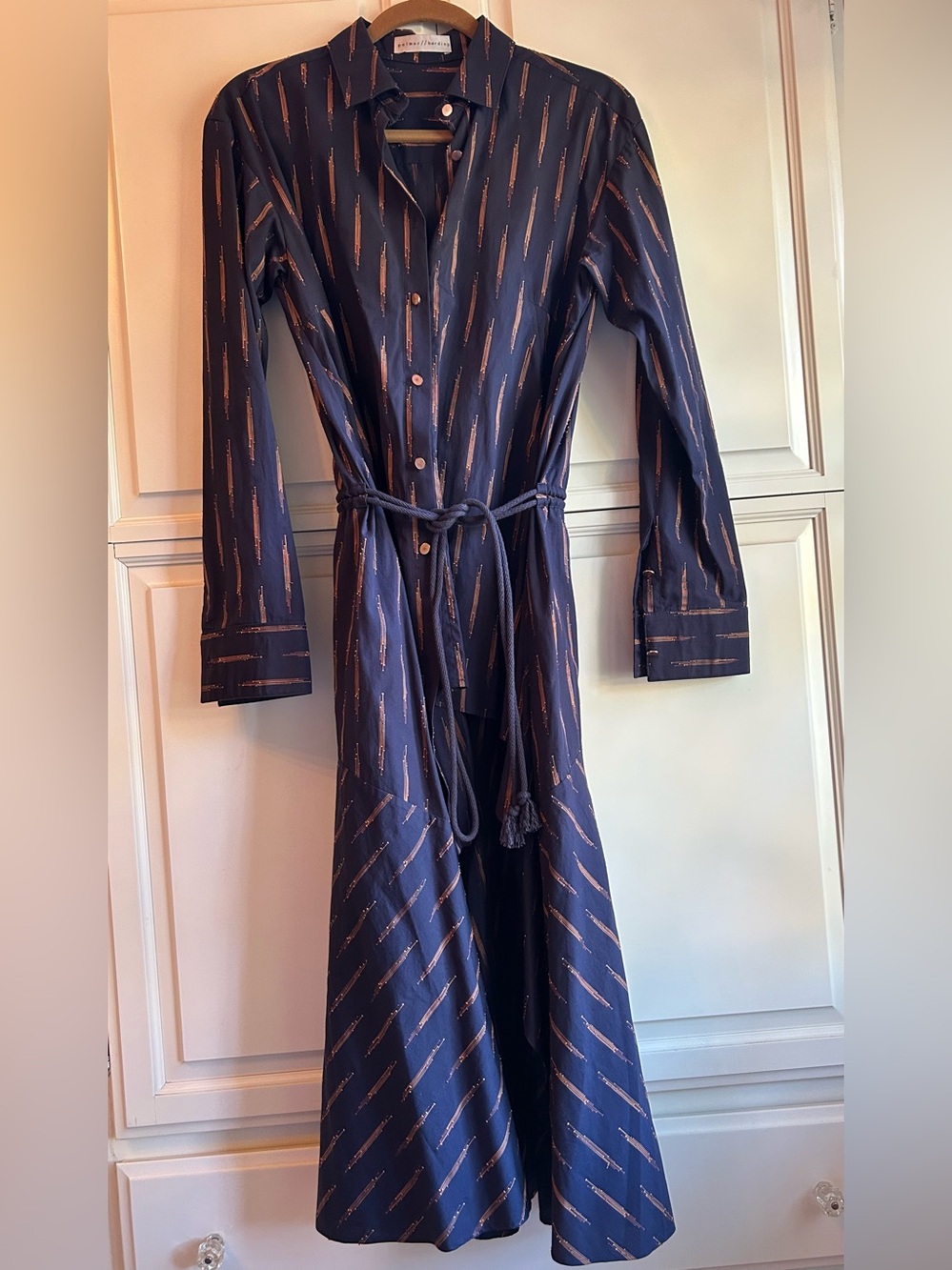 palmer//harding Printed Asymmetric Long Sleeve Shirt Dress Navy Orange  4/6